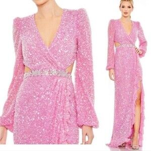 Mac Duggal 5745 Orchid Pink Sequined Faux Wrap Cut out Puff Sleeve Gown Sz 2